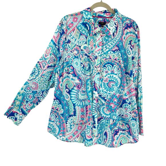 Talbots Plus 2X Long Sleeve Button Up Shirt Bold Floral Preppy Resort Coastal - Picture 2 of 11